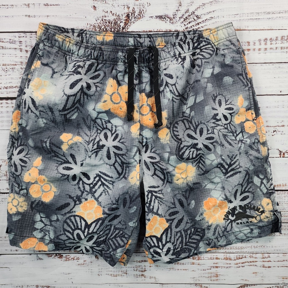 Tommy Bahama Mens M Tropical Floral Swim Shorts Grey Orange Nylon Mesh Liner
